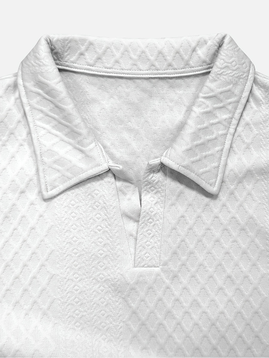 Premium Rhombus Men's Long Sleeve Polo Shirt with Notched Lapel and Small V-Neck Design, a Top for Men's Commuting and Party Wear (Texture Random) - White