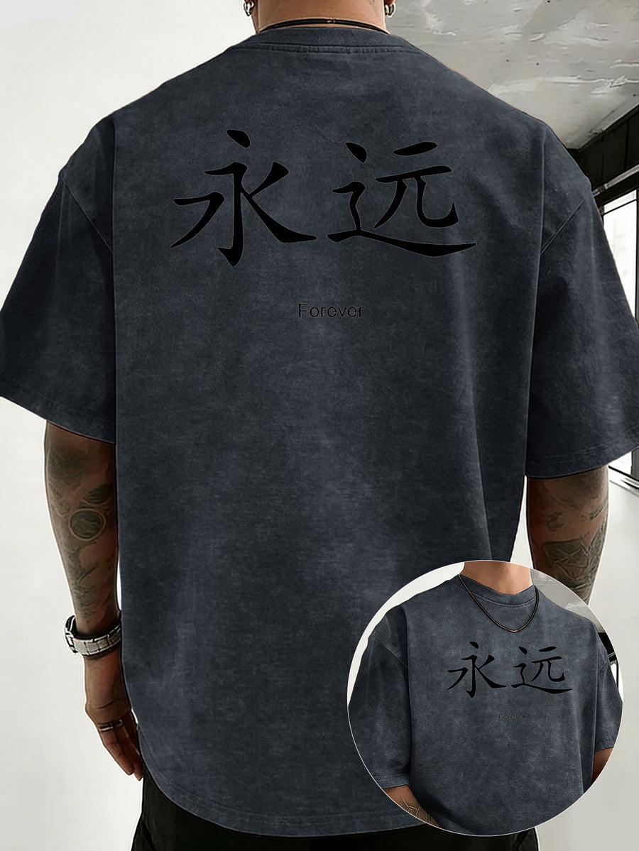 Heavyweight Ready-to-Wear Dyed Washed Double-Sided Print T-Shirt for Adults, Featuring Letter Graphic Print, Simple Loose Fit Pure Cotton Top, Versatile Short Sleeve for Commuting, Office, and Daily Wear - Navy Color