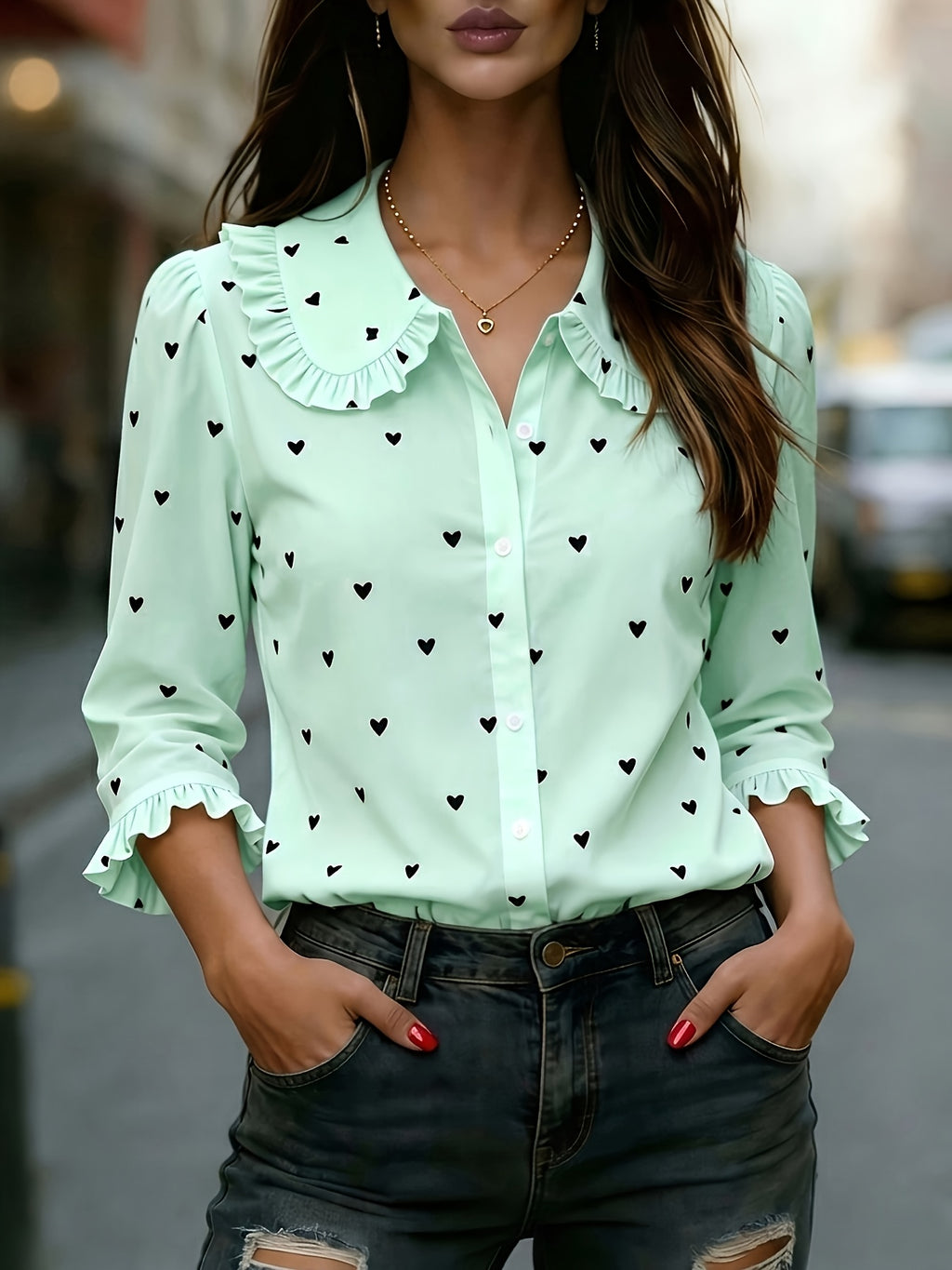 Women'S Heart Print Short Sleeve Blouse with Peter Pan Collar And Ruffled Cuffs - Viridity