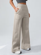 Spring And Autumn Women'S Casual Versatile Wide-Leg Pants (2 Pockets) High-Waisted Elastic Waist Design Straight-Leg Long Pants Breathable Loose Daily Commute Outerwear Comfortable Women'S Pants - Khaki