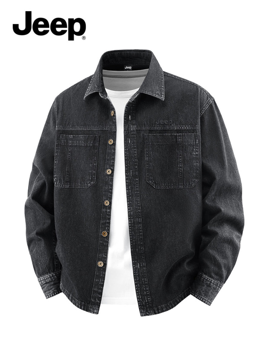 Jeep Cotton Denim Long Sleeve Shirt for Men Embroidered Logo Lapel Button Double Chest Pockets Wrinkle-resistant Stylish Light Business Casual - Black