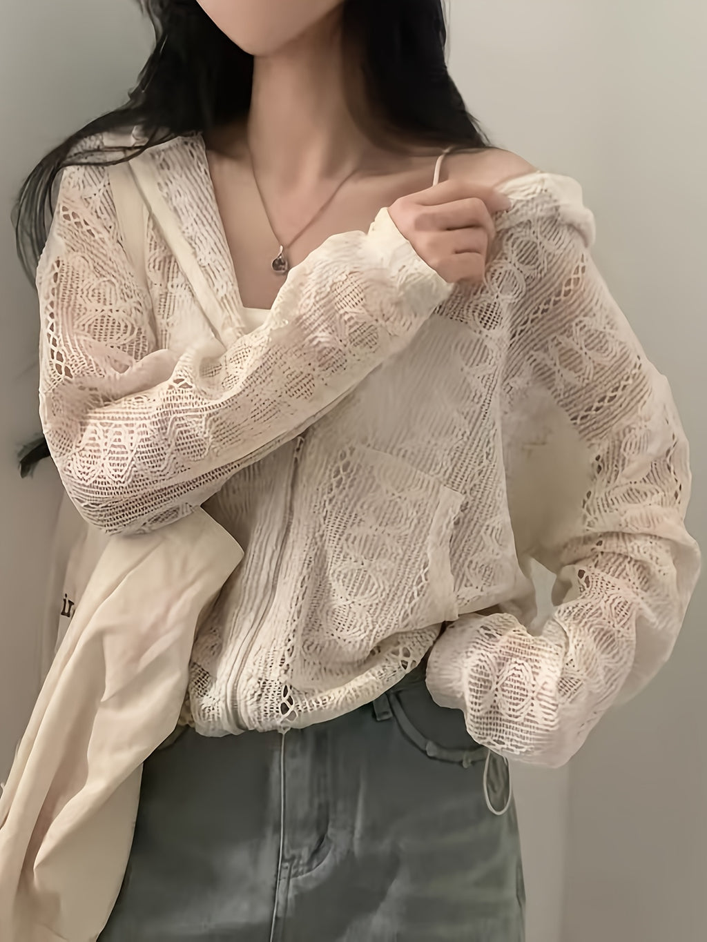 Summer New Age-Reducing Hollow Jacquard Drawstring Hem Long Sleeve Hooded Lace Coat - Apricot