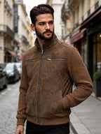 EXARUS Men's American-Style Stand Collar -Like Patchwork Jacket, Spring/Autumn Outerwear, Waffle Long Sleeve Color-Block Casual Top, European/American Outdoor Workwear Style Zipper Jacket. Features a -like Textured Body with Textured Sleeves - Light Brown-1