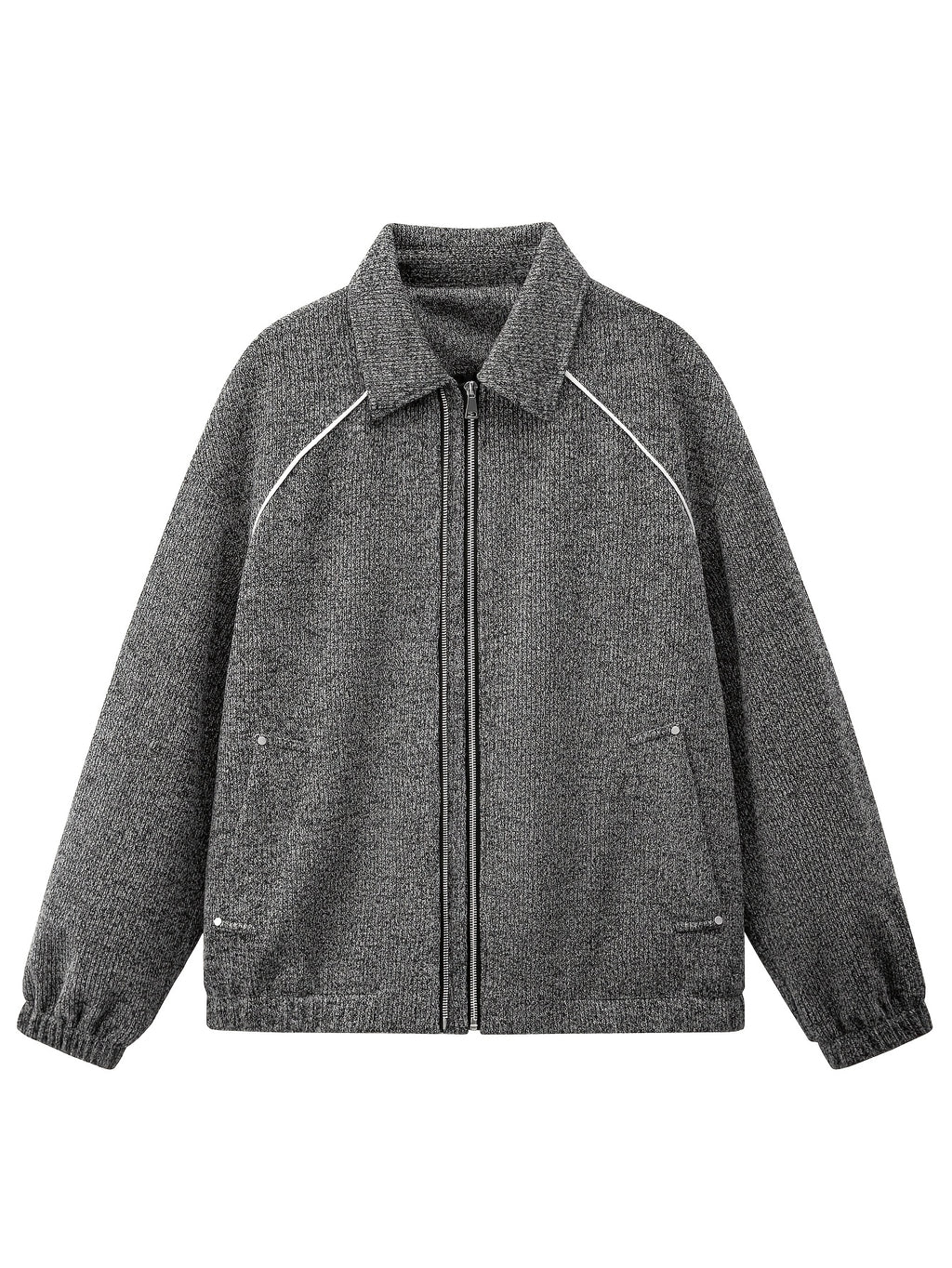 New Minimalist Style Heavyweight Tweed Lapel Men's Jacket, Korean Old Money Style Vertical Zipper with Topstitching, Versatile Short Jacket - Grey