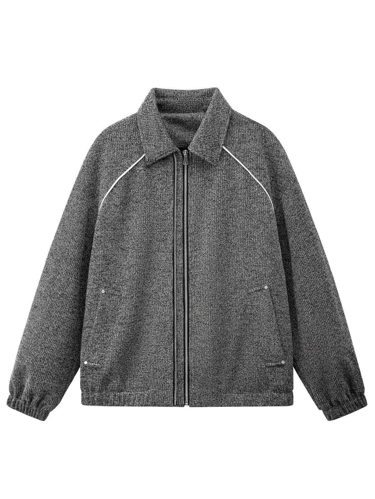 New Minimalist Style Heavyweight Tweed Lapel Men's Jacket, Korean Old Money Style Vertical Zipper with Topstitching, Versatile Short Jacket - Grey