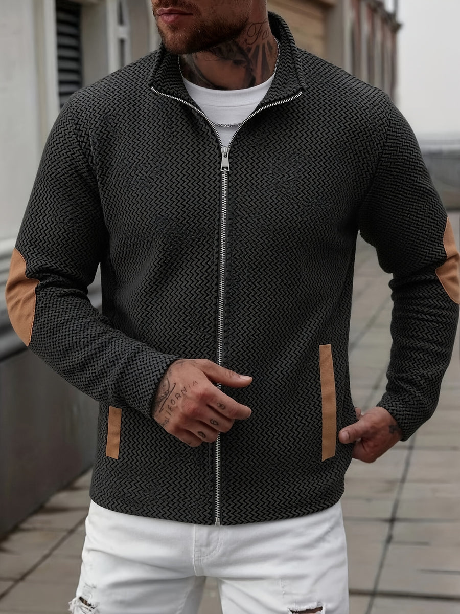 Men's Full-Zip Jacket with Herringbone Patchwork Collar & Stand Collar - Loose Fit Winter Coat, Zippered Outerwear Suitable for Fall/Winter, Machine Washable Warm Jacket for Casual Wear and Layering - Black