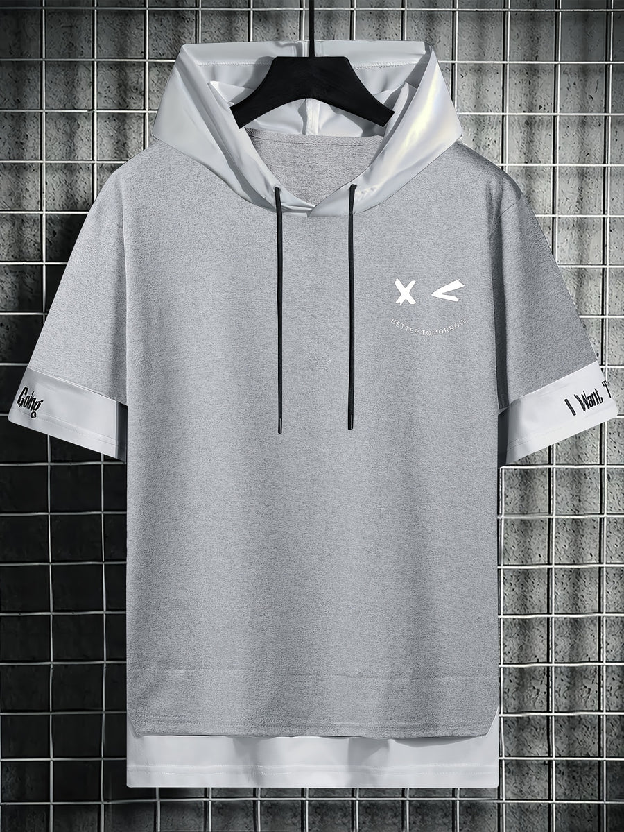 Color-Block Hooded Men'S Casual Letter Print Faux Two-Piece Short Sleeve T-Shirt - Heather Grey