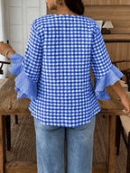 Women's Colorful Plaid Flared Sleeve Shirt for Spring, Summer, and Autumn, Casual Checkered Patchwork Shirt with Large and Small Plaid Patterns, Plaid Shirt for Vacation, Leisure, and Work Commutes - Royal Blue
