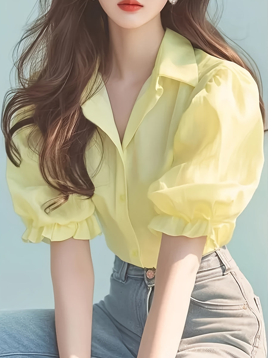 New Spring And Summer French High-End Yellow Short-Sleeved Temperament Pullover Lapel Women'S Beautiful Milky Yellow Bubble Sleeve Shirt Women'S - 【Light Yellow】