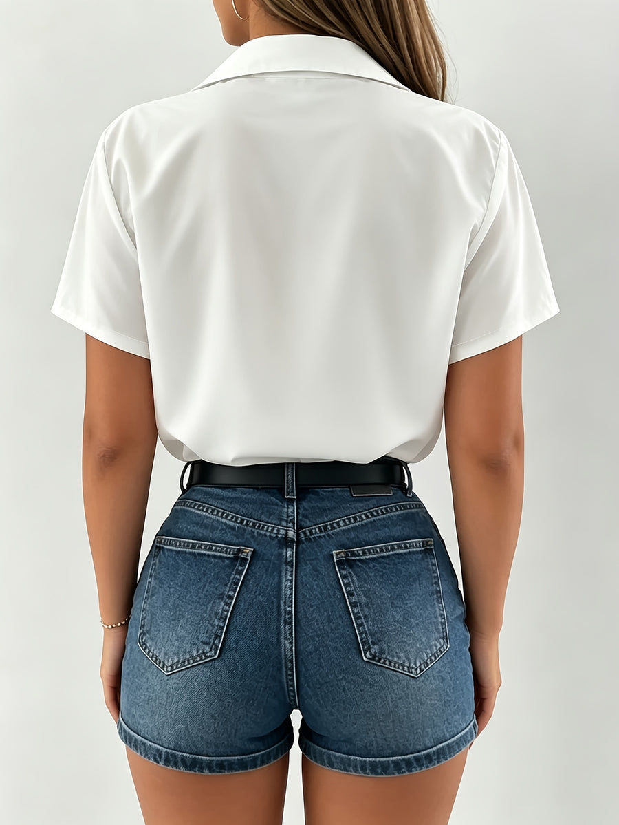 Spring/Summer Women's Short-Sleeve Solid Color Shirt for Daily and Commuting Wear, Machine Washable Shirt - White