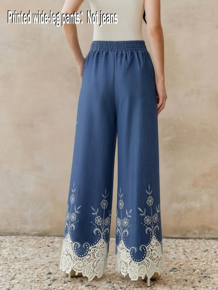 Summer Blue Wide-Leg Pants, High-Waist Flowy Straight Trousers with White Floral Print, Lace Hollow-Out Hem Casual Trousers, Vacation Style Versatile Floor-Length Pants - Blue