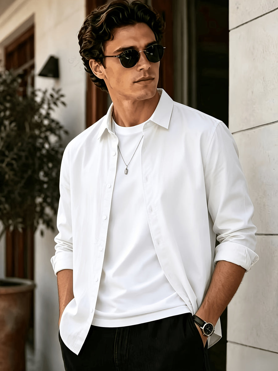 Men'S Long Sleeve Casual Shirt for Summer, Lightweight, Breathable And Comfortable. Slim-Fit And Versatile with Relaxed Cut, Ideal for Daily Commuting And Travel Outfits. (Shirt solely) - White
