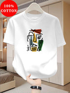 100% Pure Cotton Men's T-shirt, Summer Short-sleeve Lightweight Top, Fashionable Trendy Design, Casual Versatile Round Neck Design, Breathable and Comfortable, with Abstract Geometric Line Art Face Print Pattern - White