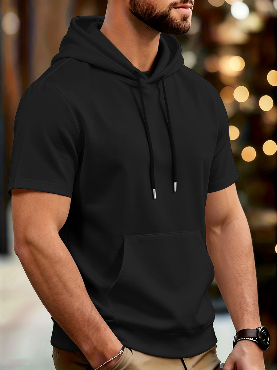 Men's Casual Short-sleeved Summer Hoodie Sweater Pure Color Outdoor Versatile Top Suitable for Sports And Commuting Fashionable And Comfortable Sweater - Black