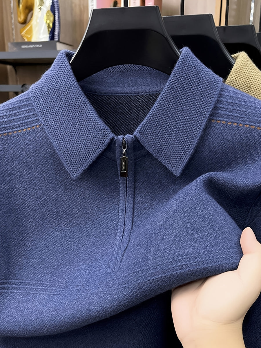 Men's Thickened Lapel Half-Zip Pullover Long-Sleeve Sweater with Ribbed Cuffs and Hem, Autumn/Winter Style, Suitable for Layering or Wearing Alone, Business Casual Style - New Flower Orchid