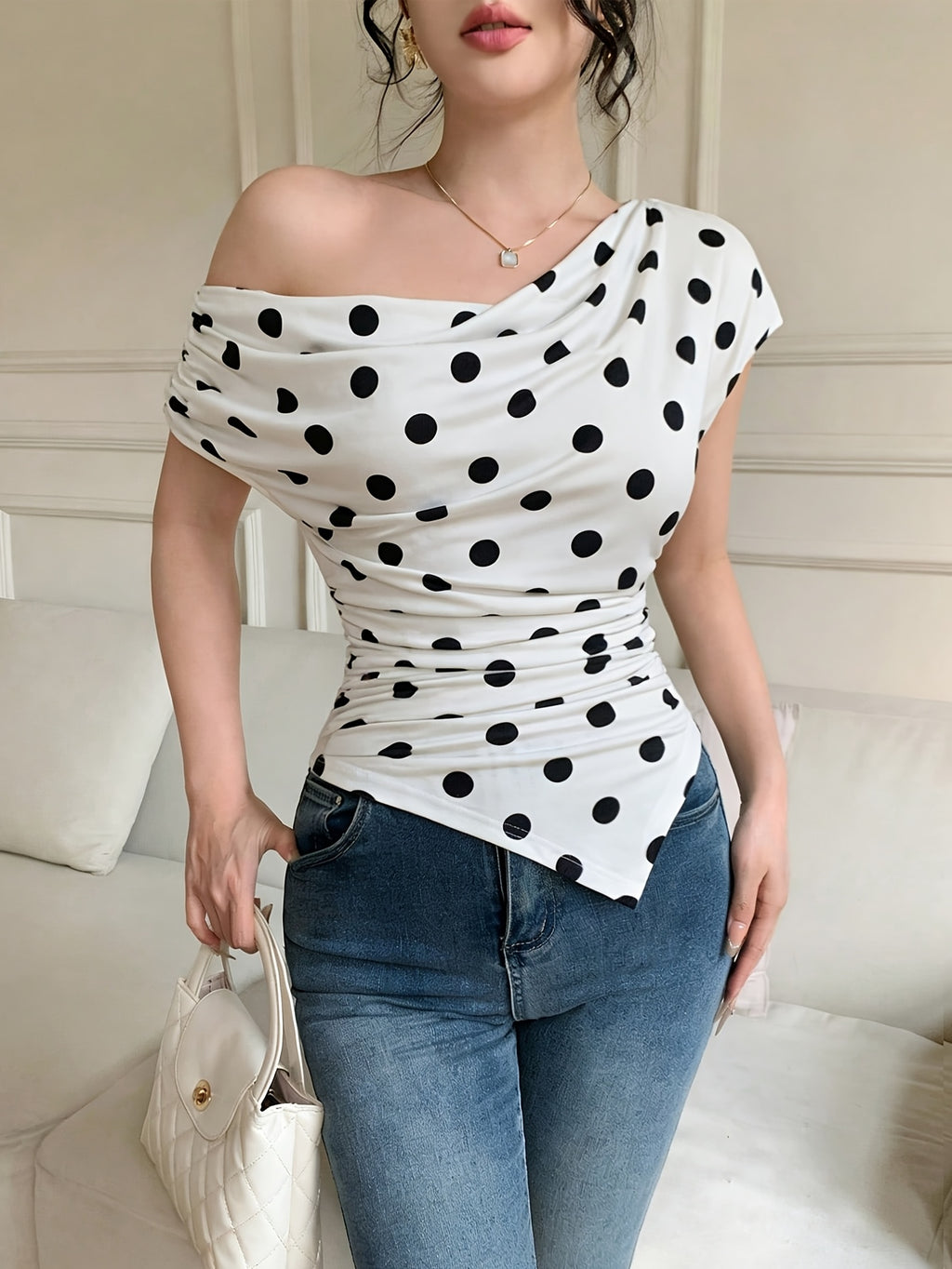 American-style Polka Dot Spicy Slim Fit Off-Shoulder Asymmetrical Hem T-Shirt Top - Mixed colors