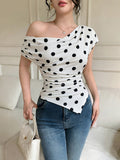 American-style Polka Dot Spicy Slim Fit Off-Shoulder Asymmetrical Hem T-Shirt Top - Mixed colors