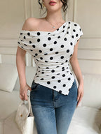 American-style Polka Dot Spicy Slim Fit Off-Shoulder Asymmetrical Hem T-Shirt Top - Mixed colors