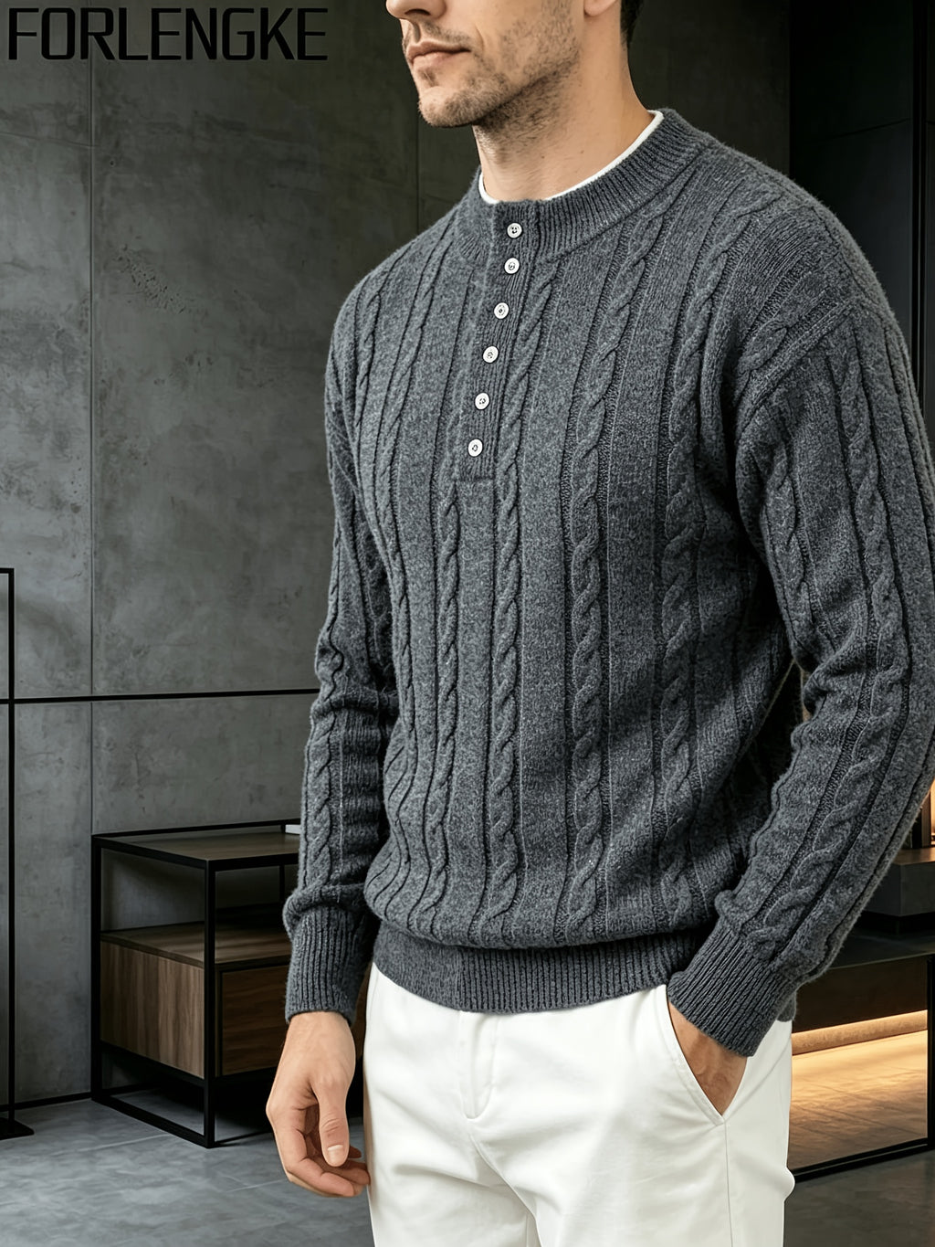 FORLENGKE Autumn and Winter Men's Henry Collar Cable Knit Sweater with a Vintage 3D Twist Texture, Half-High Neck Long Sleeve Pullover, Exquisite Half-Button Design, Perfect for Casual Layering or Wearing Alone for Everyday Outings or Dates - Grey