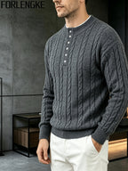 FORLENGKE Autumn and Winter Men's Henry Collar Cable Knit Sweater with a Vintage 3D Twist Texture, Half-High Neck Long Sleeve Pullover, Exquisite Half-Button Design, Perfect for Casual Layering or Wearing Alone for Everyday Outings or Dates - Grey