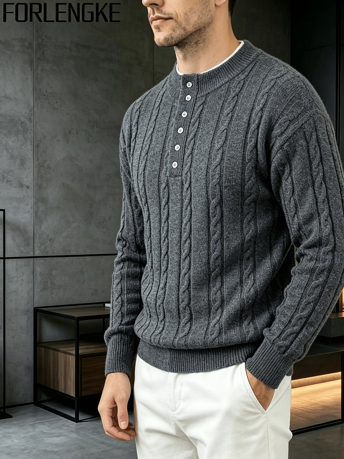 FORLENGKE Autumn and Winter Men's Henry Collar Cable Knit Sweater with a Vintage 3D Twist Texture, Half-High Neck Long Sleeve Pullover, Exquisite Half-Button Design, Perfect for Casual Layering or Wearing Alone for Everyday Outings or Dates - Grey