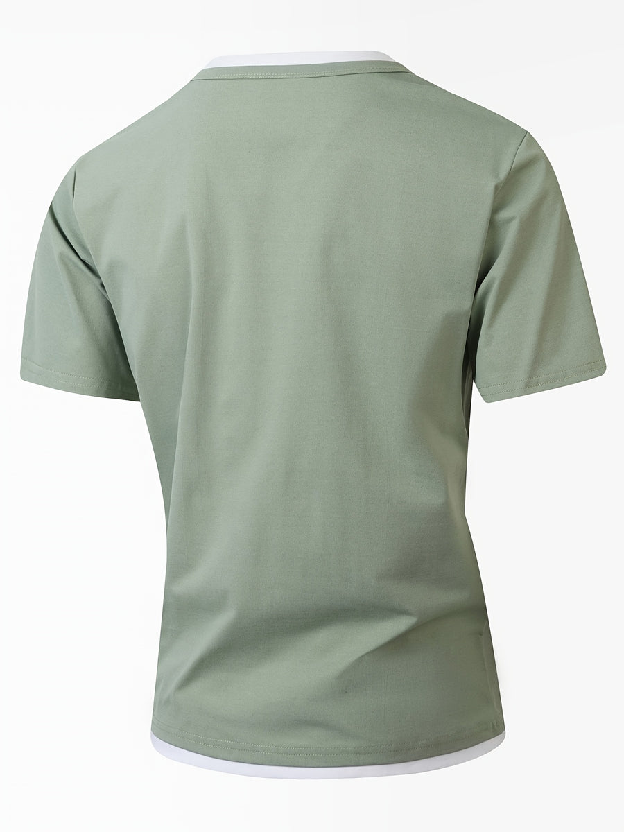 American-style Minimalist Color-Block White-Trimmed Henley Shirt for Men, Versatile Commuting Breathable Thin Short-Sleeve Base Layer Top, Summer Color-Block V-Neck Solid Color T-Shirt, Casual Short Sleeve - Yellow-green