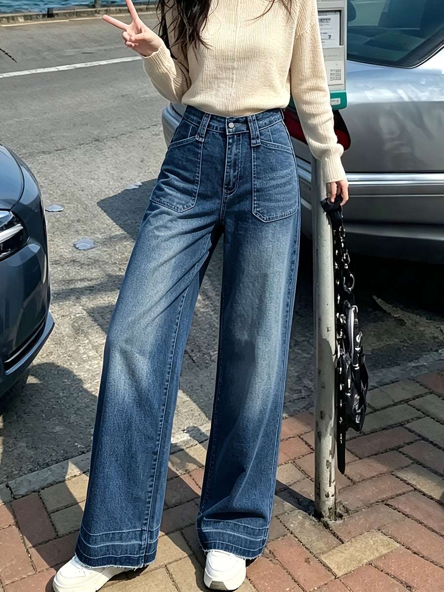 New Arrival Women's Trendy Washed Denim Straight Wide Leg Trousers - Medium Blue