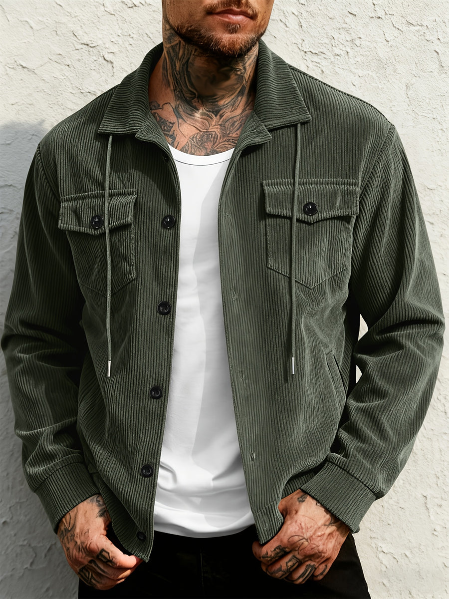 Men'S Corduroy Button-Up Shirt with Pocket And Drawstring Detail, Casual Long Sleeve Blouse for Daily Street Style, Gift Idea - Olive Green