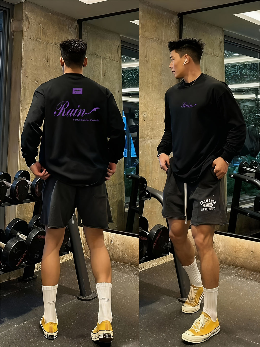 New Spring And Autumn Oversized Long-Sleeve T-Shirt for Men, Featuring a Trendy Print, Made of Heavy, Perfect for Casual Outdoor Sports - Black