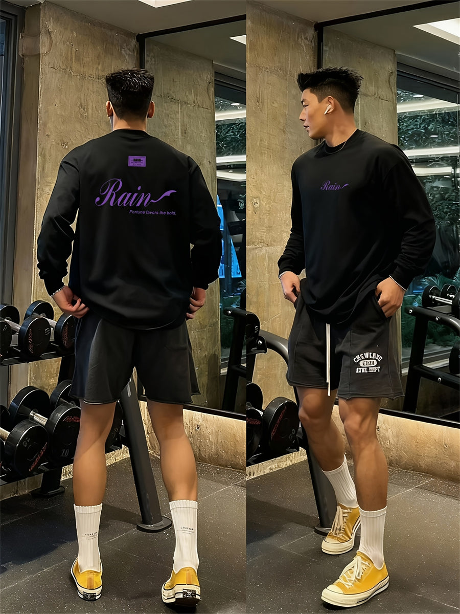 New Spring And Autumn Oversized Long-Sleeve T-Shirt for Men, Featuring a Trendy Print, Made of Heavy, Perfect for Casual Outdoor Sports - Black