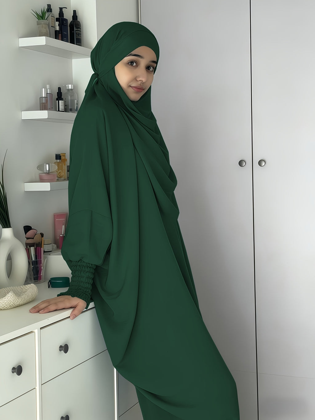 Khimar and Abaya Jilbab Dress, Loose Robe with Elastic Sleeves, High Privacy, Premium Jilbab for Muslim Women, Prayer Headscarf, Islamic Clothing, Khimar - Dark Green