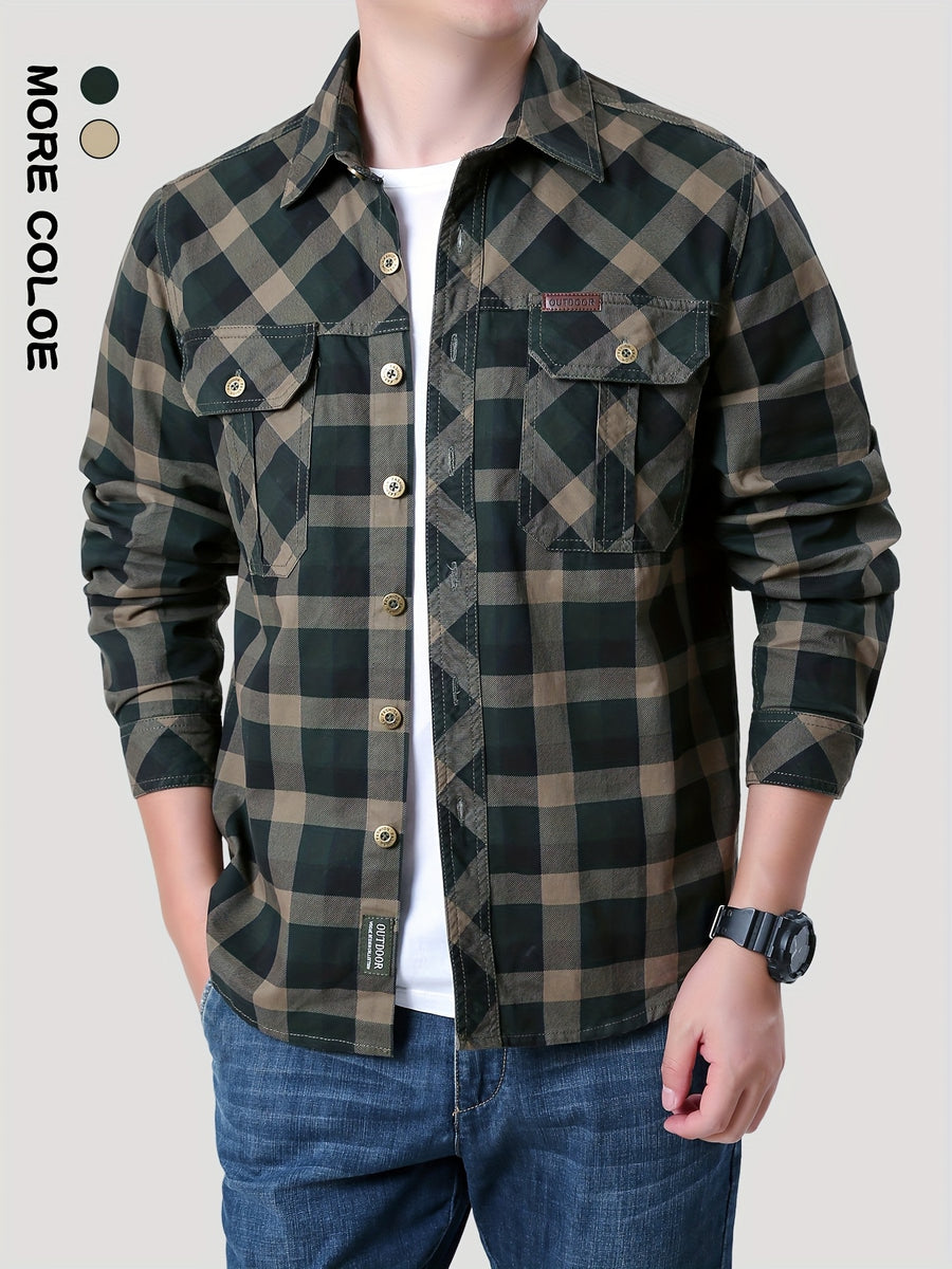 New Men'S Plaid Long-Sleeve Shirt Made of Pure, Washed for a Vintage Look, Lightweight with Double Pockets, Breathable Fabric Suitable for Spring And Autumn, Perfect for Outdoor Leisure - Olive Green