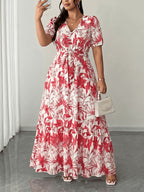 Plus Size - Elegant V-Neck Printed Tie Short-Sleeved Flared Long Dress, Fashionable Design, Plus-Size Long Dress for Spring, Summer And Autumn, Plus-Size Vacation Dress - Dusty Rose