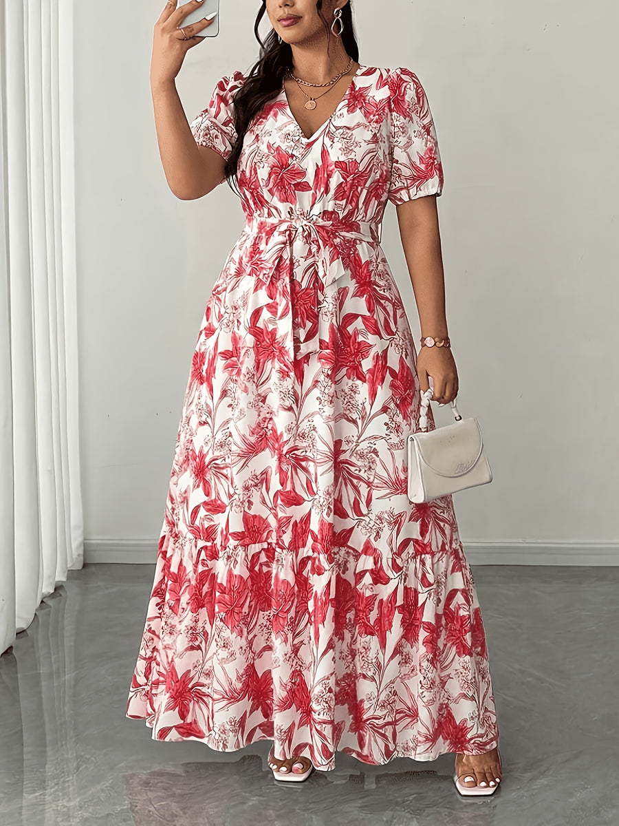 Plus Size - Elegant V-Neck Printed Tie Short-Sleeved Flared Long Dress, Fashionable Design, Plus-Size Long Dress for Spring, Summer And Autumn, Plus-Size Vacation Dress - Dusty Rose