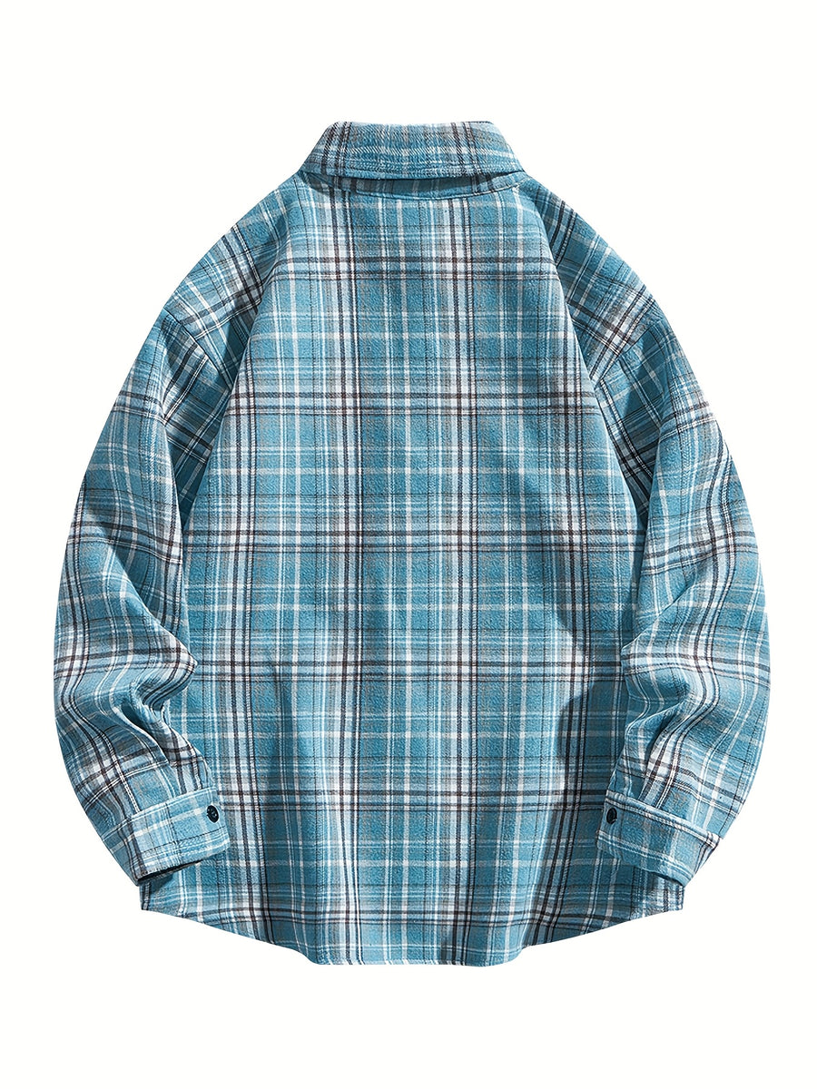 3pcs Set - Men'S Spring/Autumn Lapel Plaid Shirt Youth Outdoor Casual Trendy Top Men'S Fashion Versatile Jacket - Sky blue + dark blue + black