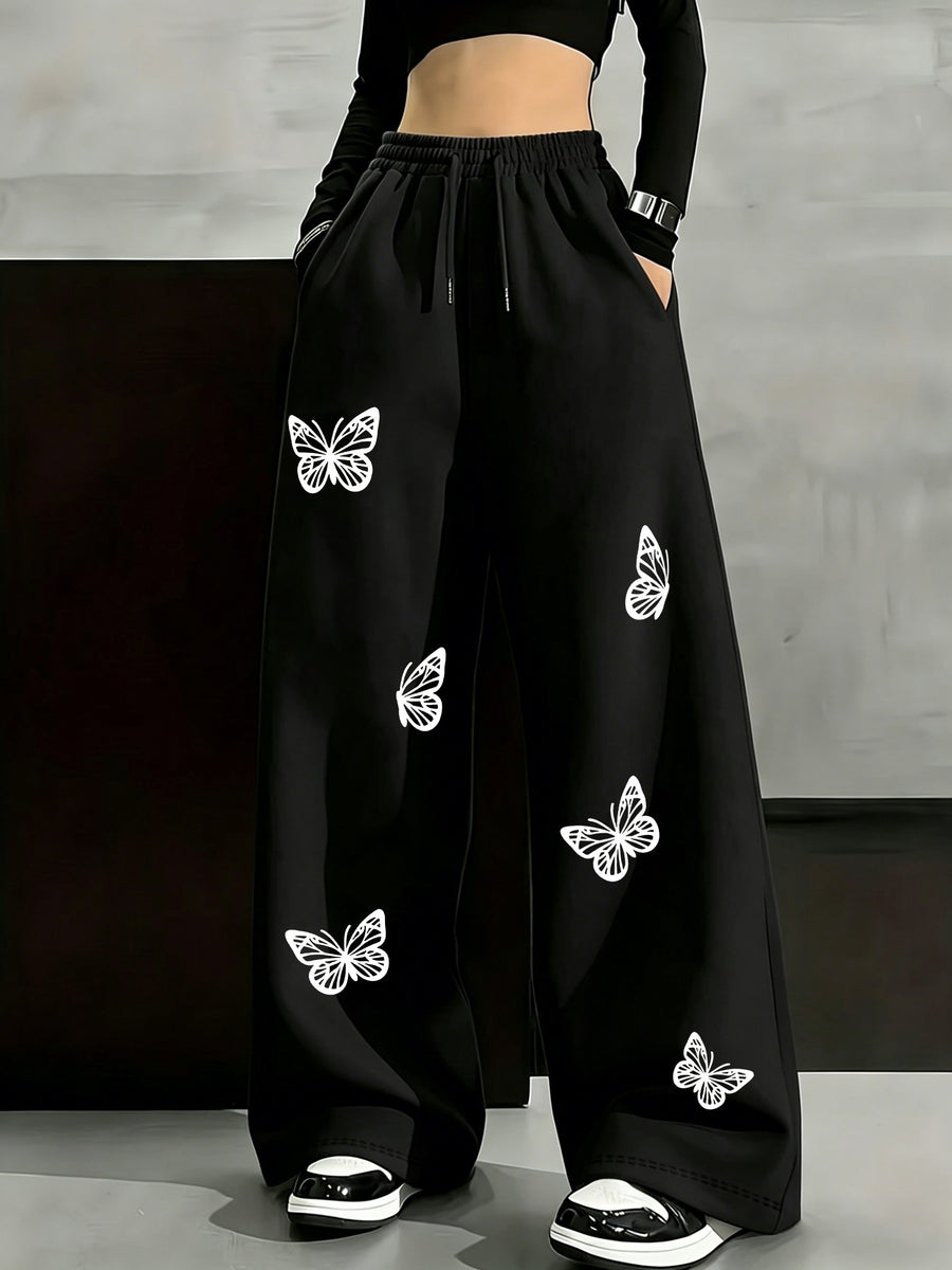 Spring And Autumn Women'S Fun Printed Hip-Hop Style, Butterfly Silhouette Printed Street Fashion, Comfortable Retro Basic Fashion Commute All-Match Y2K Apparel Women'S Clothing, Suitable for Outdoor Leisure - Black