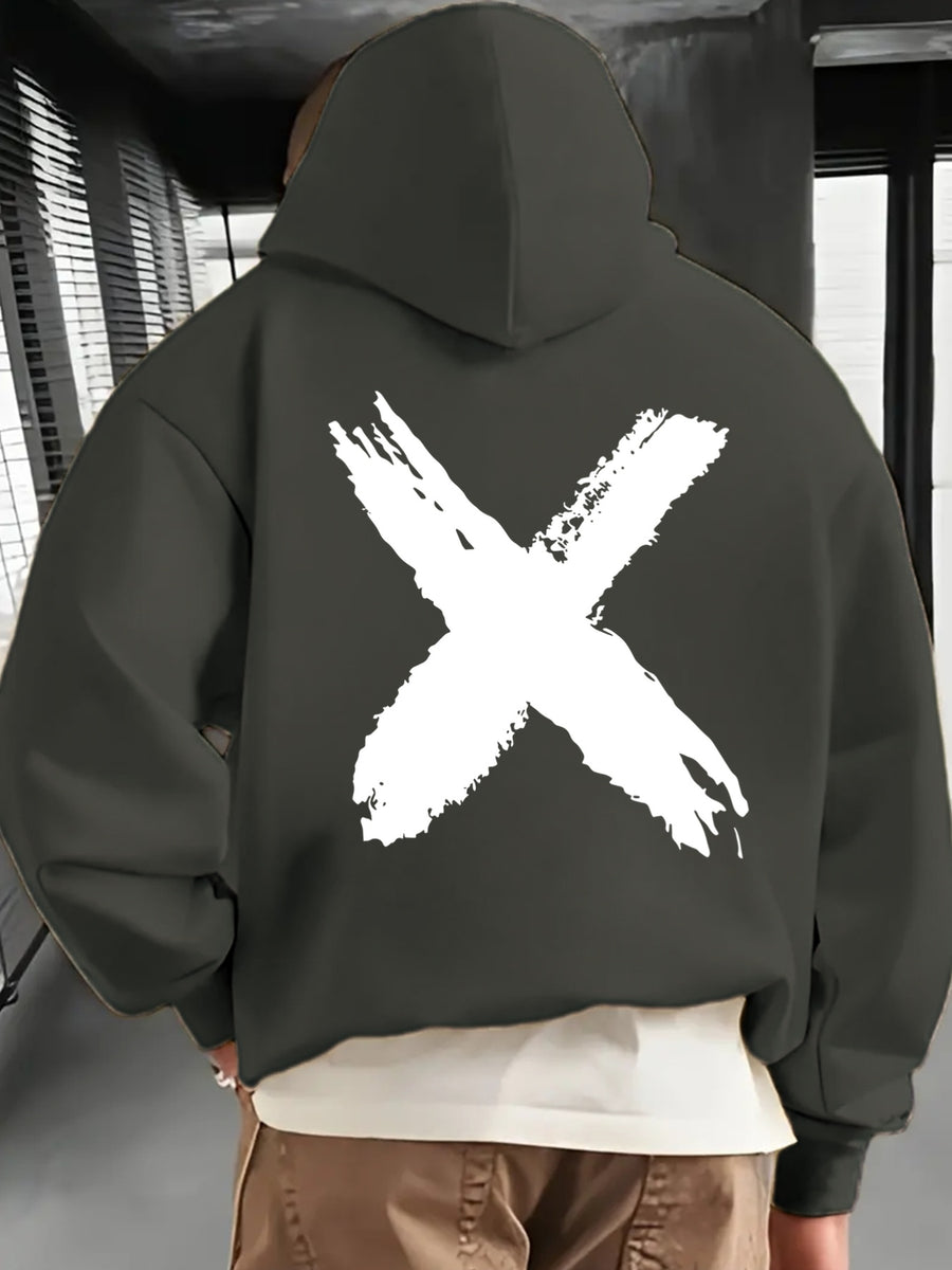 Men's Fashionable Hoodie, Loose-fit Casual Top with "X" Letter Print, Long-sleeve Sweatshirt Featuring a Kangaroo Pocket, Made of Casual Polyester Knit Fabric, Machine Washable, Suitable for Outdoor Casual Wear - Grey