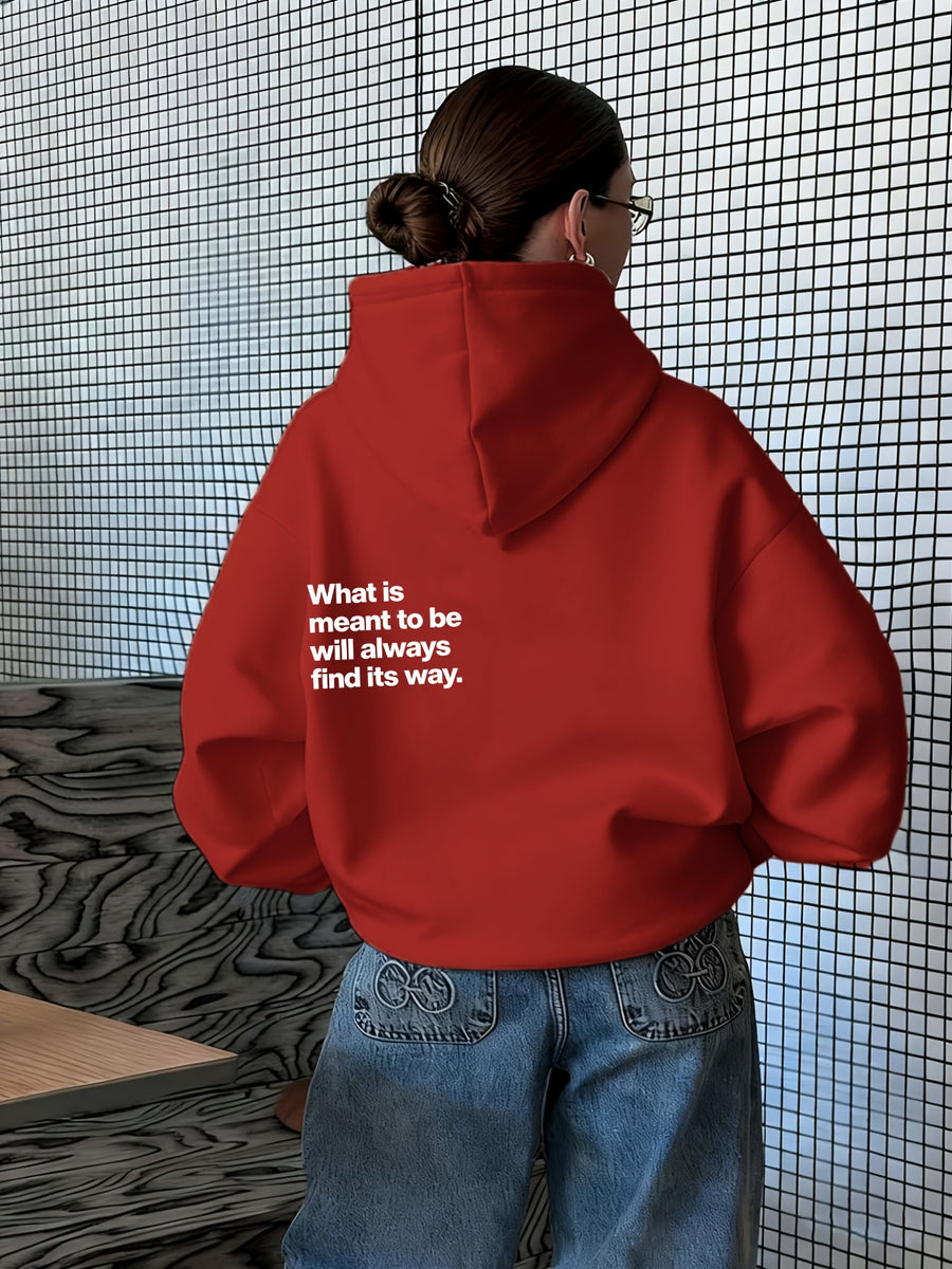 Women's Atmospheric Back English Phrase Print Hooded Sweatshirt with Fateful and Quote Design, Loose Oversized Drop-Shoulder Fit for Daily Streetwear Casual Pullover Hoodie - Red