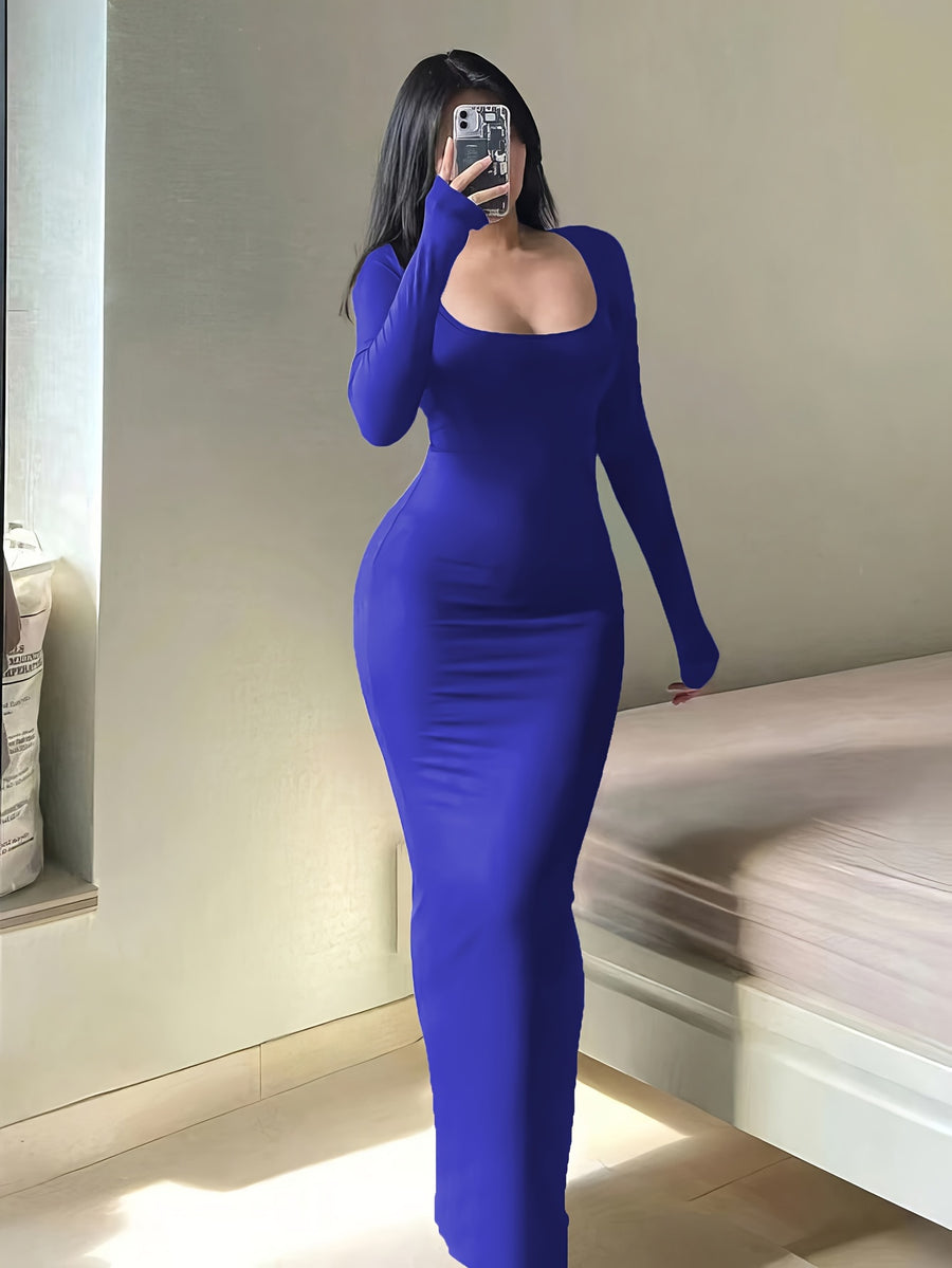 Tight Ultra-Long Women'S Autumn Long Sleeve Square Neck A-Line Sexy Bodycon Dress - Blue