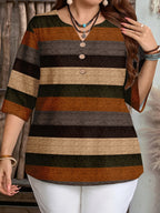 Women's Elegant Striped Print Shirt with Three-Button V-Neck Pullover, Spring/Summer Casual Loose Blouse Top - Orange-Red