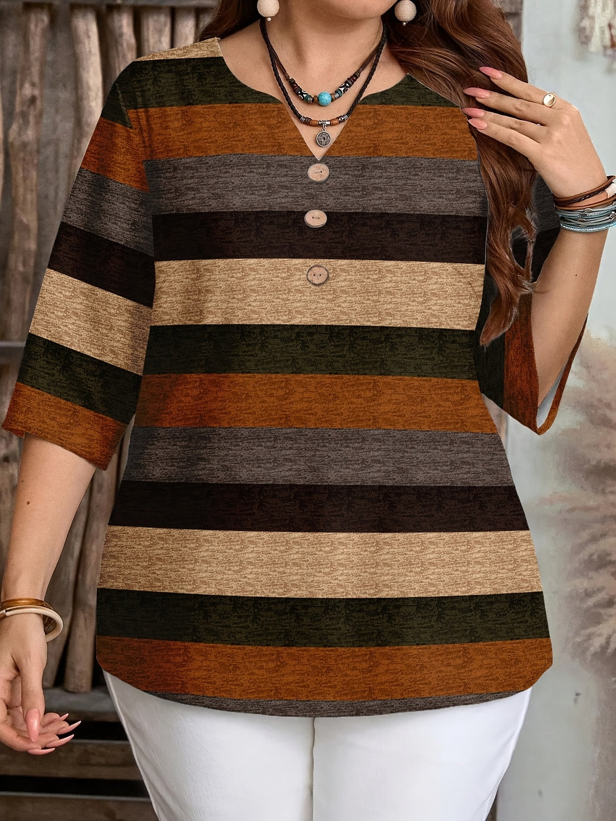 Women's Elegant Striped Print Shirt with Three-Button V-Neck Pullover, Spring/Summer Casual Loose Blouse Top - Orange-Red