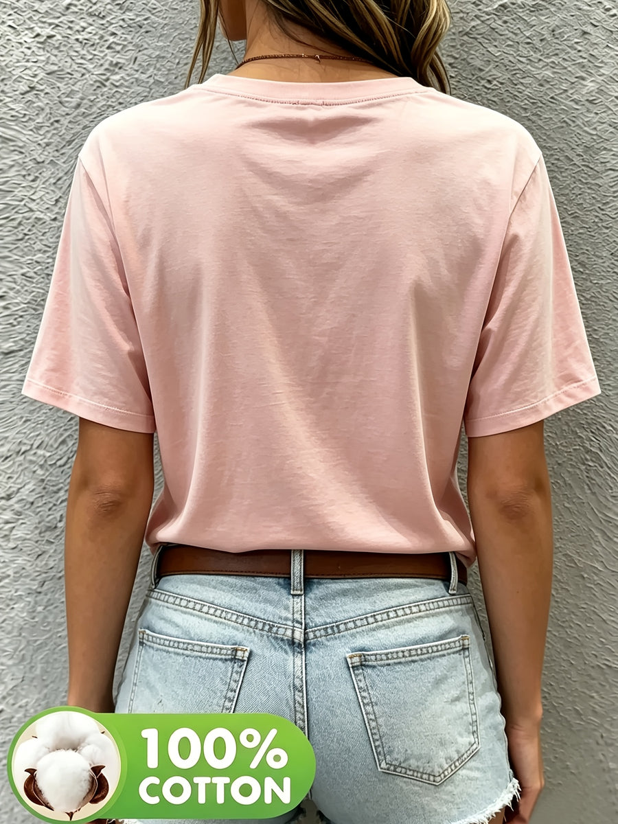 New Round Neck Short Sleeve T-Shirt, Comfortable Breathable Fashion Women'S Round Neck Short Sleeve T-Shirt, Casual Elegant Clothing, Spring Summer Elegant Fashion - pink color