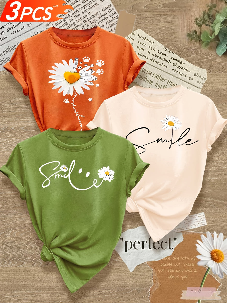 Smiling Letter Small Flower Series 3pcs Mixed Pack, Family Pack, Sisters Pack, Printed Fashion Vintage Style Women's Summer Casual Sporty Style Round Neck Short Sleeve T-Shirt, Multiple Colors Available, Sizes S-XXL - Mixed Color 10