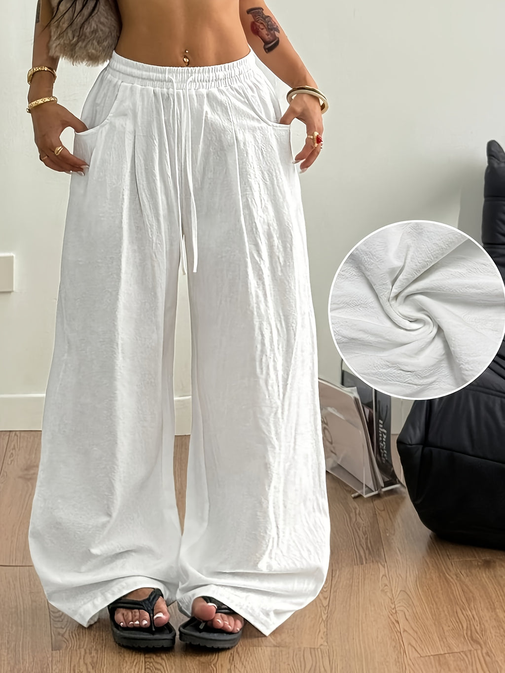 Women'S Summer Minimalist Bohemian Style Vacation Casual Everyday Versatile Comfortable Loose-Fitting Trousers, Pants - White