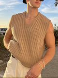 Men'S Sleeveless V-Neck Knitted Vest, Ribbed Casual Summer Top - Khaki