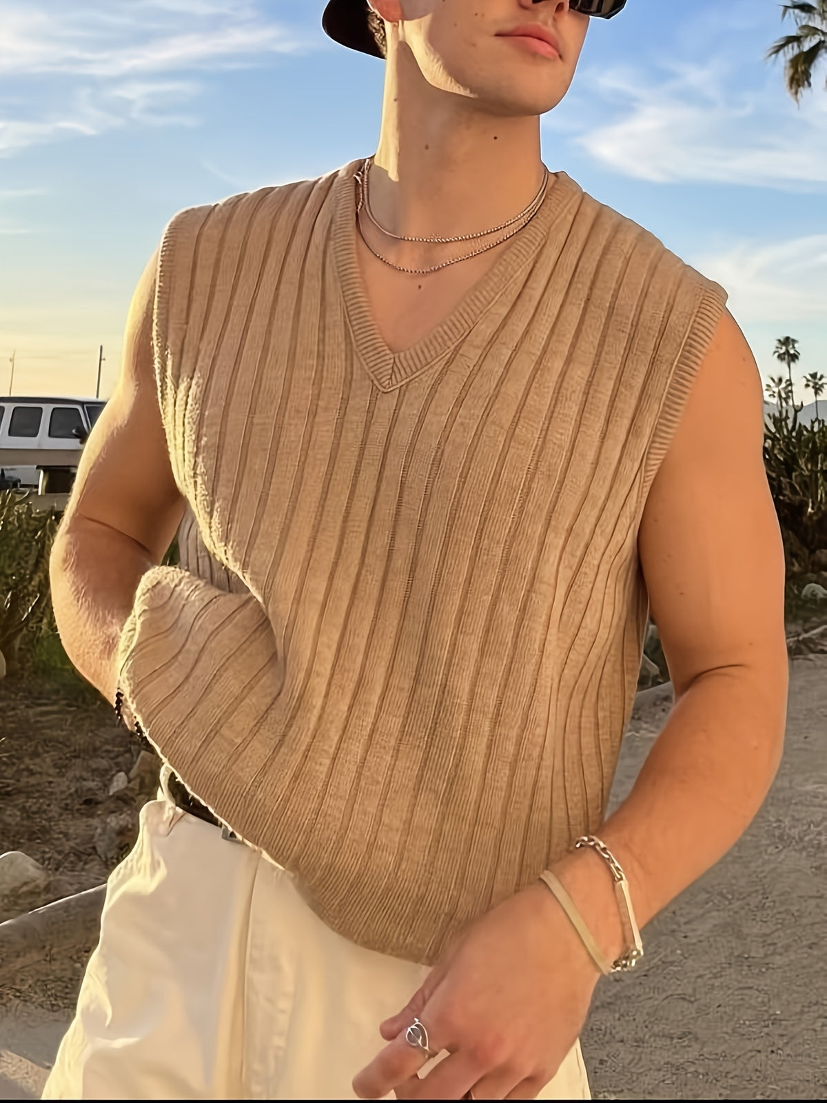 Men'S Sleeveless V-Neck Knitted Vest, Ribbed Casual Summer Top - Khaki