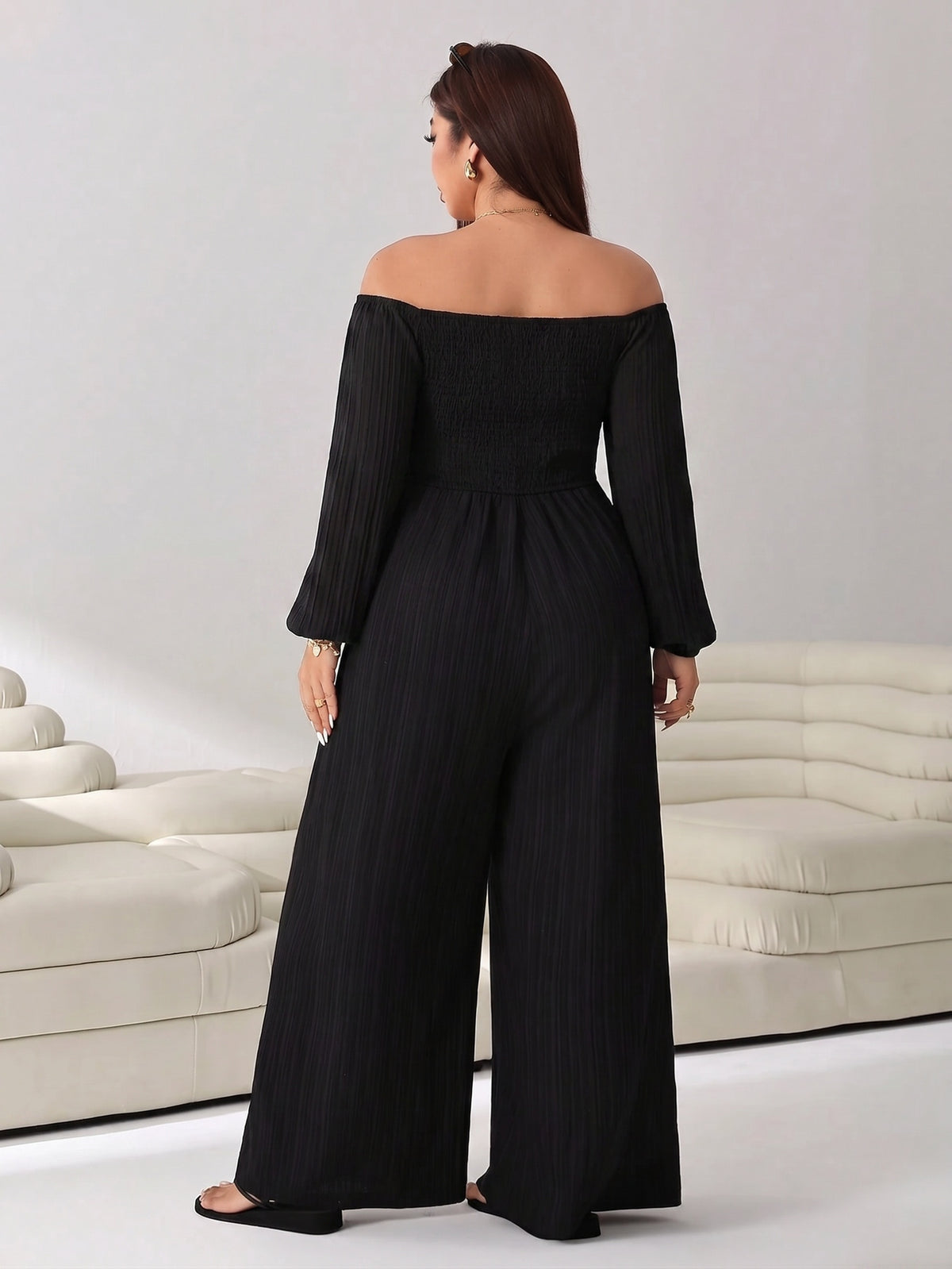 Plus Size Women'S Solid Long Sleeve Wide Leg Jumpsuit - Black