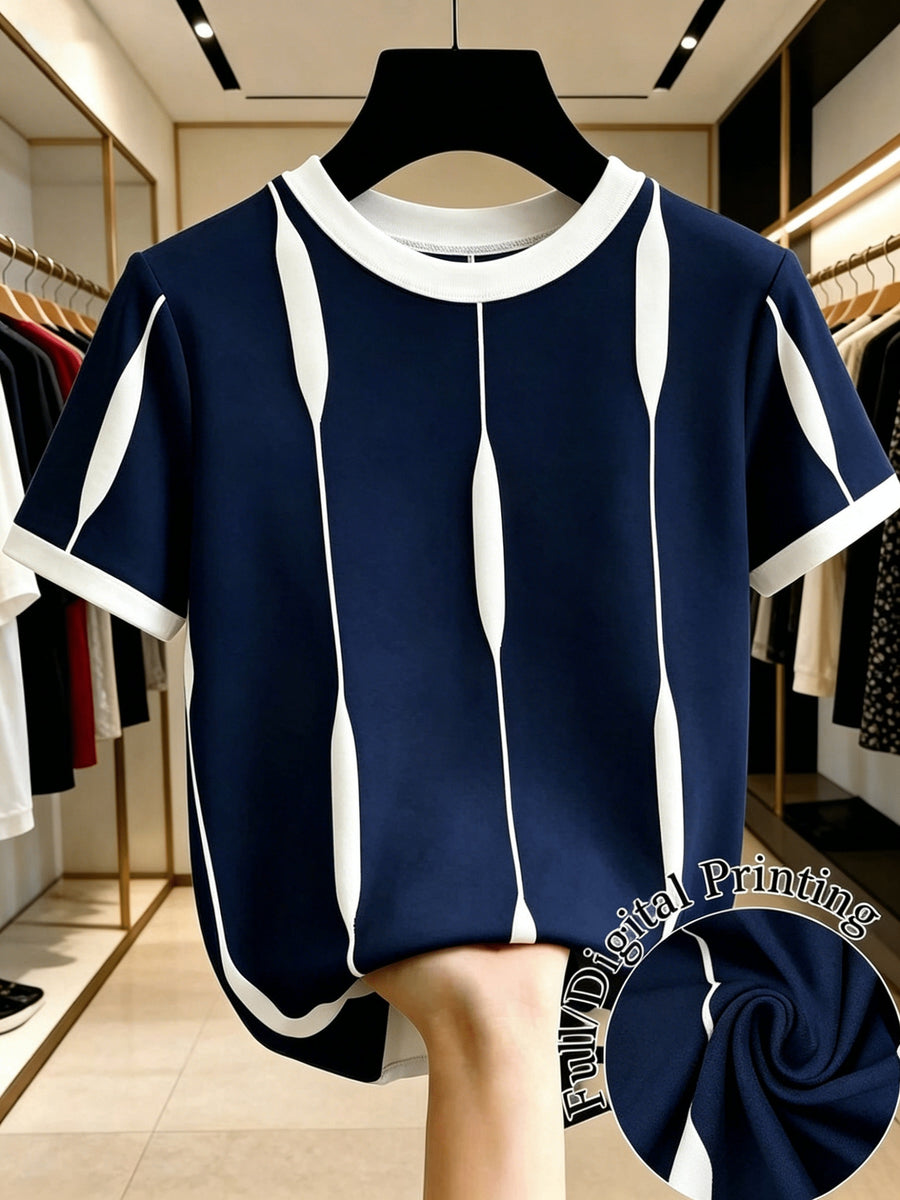 [Printed Design - Not Textured] Women's Casual Color-Block Crew Neck Short Sleeve T-Shirt, Summer Style - Navy Color