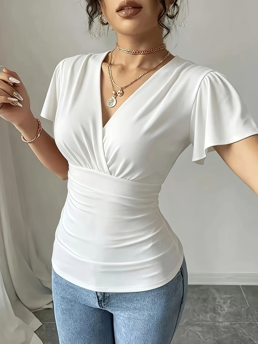 Women'S Spring Summer Casual V-Neck Solid Color Commuter T-Shirt - White