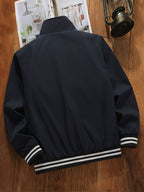 Spring/Autumn New Men's Flight Jacket, Casual Versatile Ribbed Hem Lightweight Stand Collar Coat - Blue
